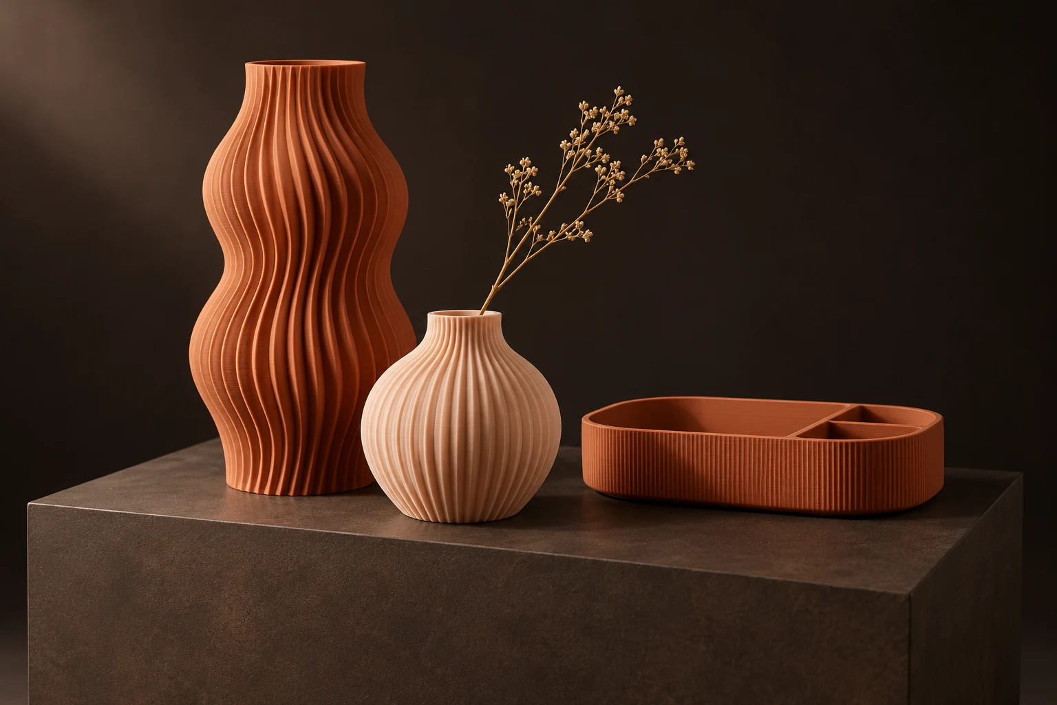 Referência de vasos com textura e organizador em tons de terracota
