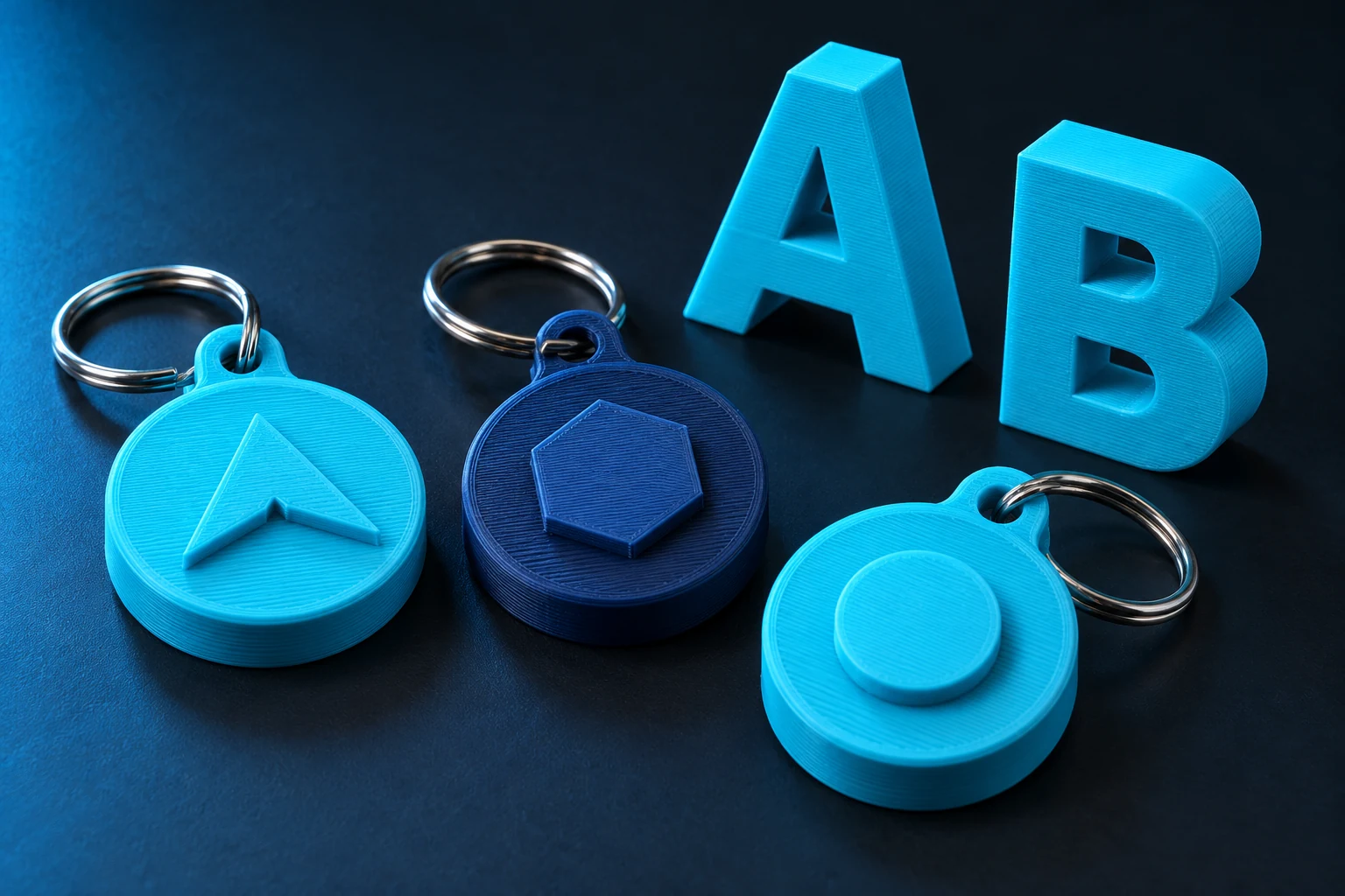 Referência de chaveiros azuis personalizados e letras em relevo