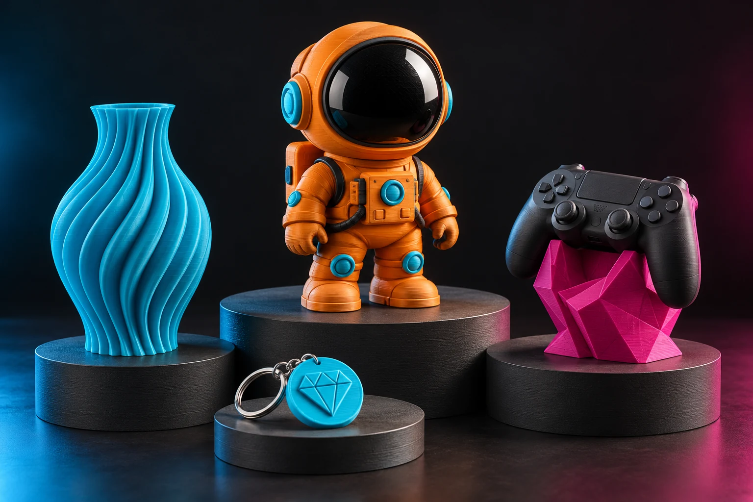 Referência ilustrativa de peças em 3D: astronauta laranja, vaso azul, suporte de controle e chaveiro