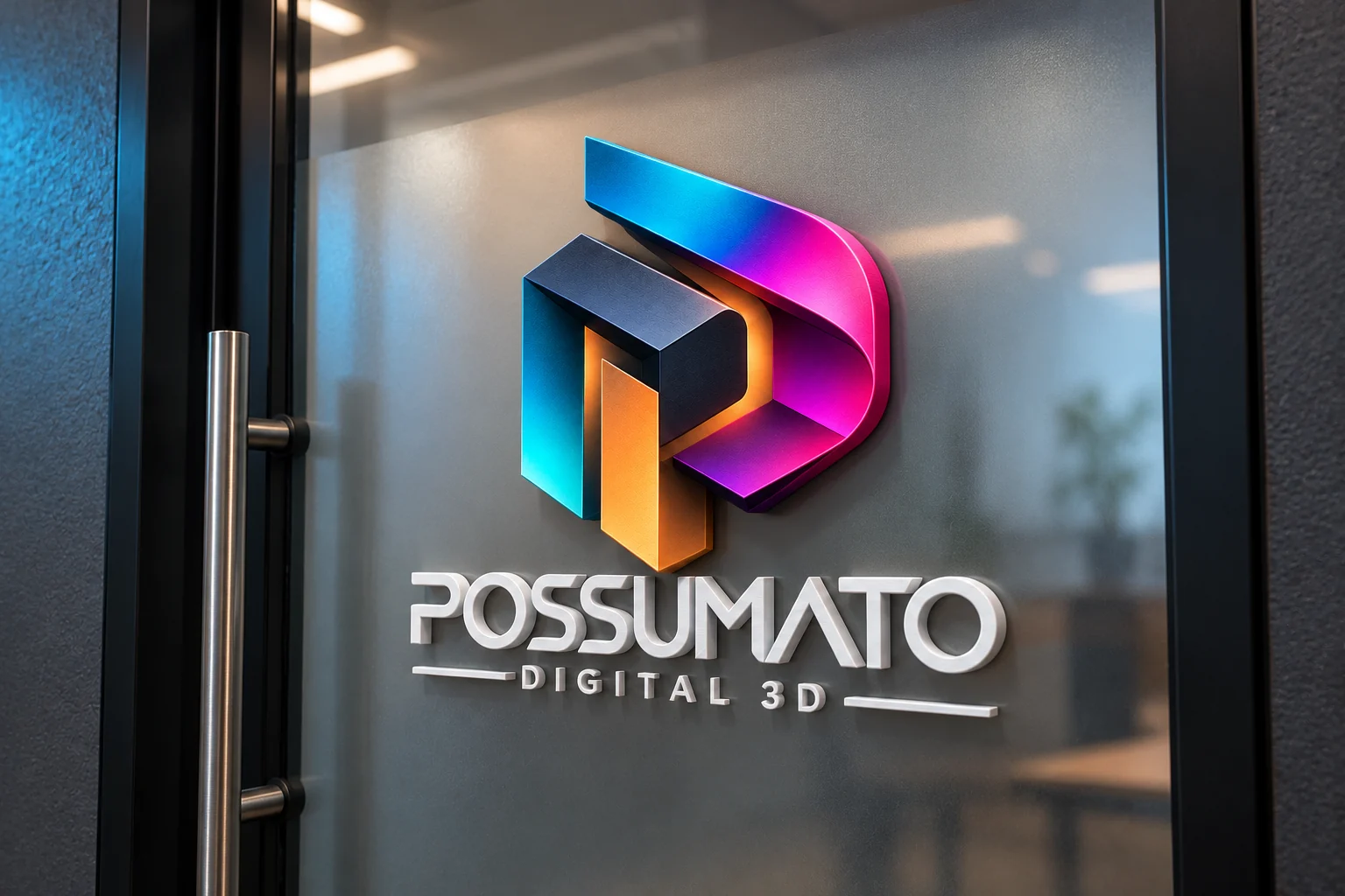 Simulação ilustrativa de logo 3D aplicado em uma porta de vidro de empresa